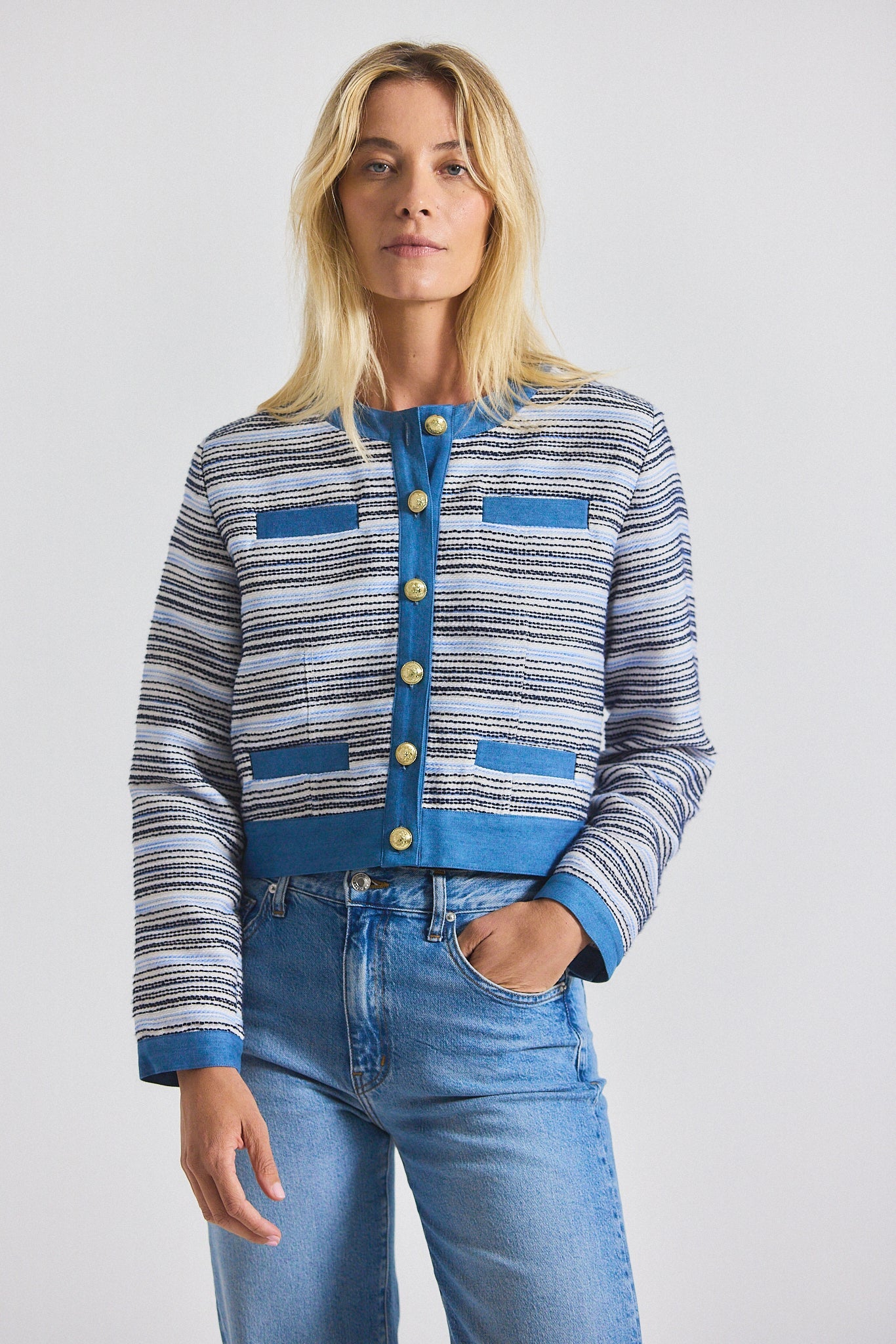 Elain Cotton Tweed Jacket With Denim Trim - Blue-White