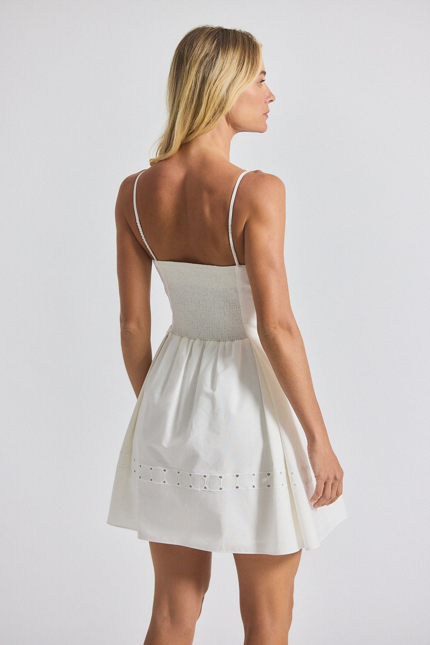 Eton Embroidered Poplin Eyelet Spaghetti Strap Pleated Mini Dress - White