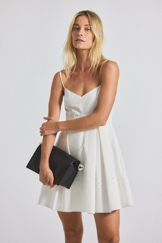 Eton Embroidered Poplin Eyelet Spaghetti Strap Pleated Mini Dress - White
