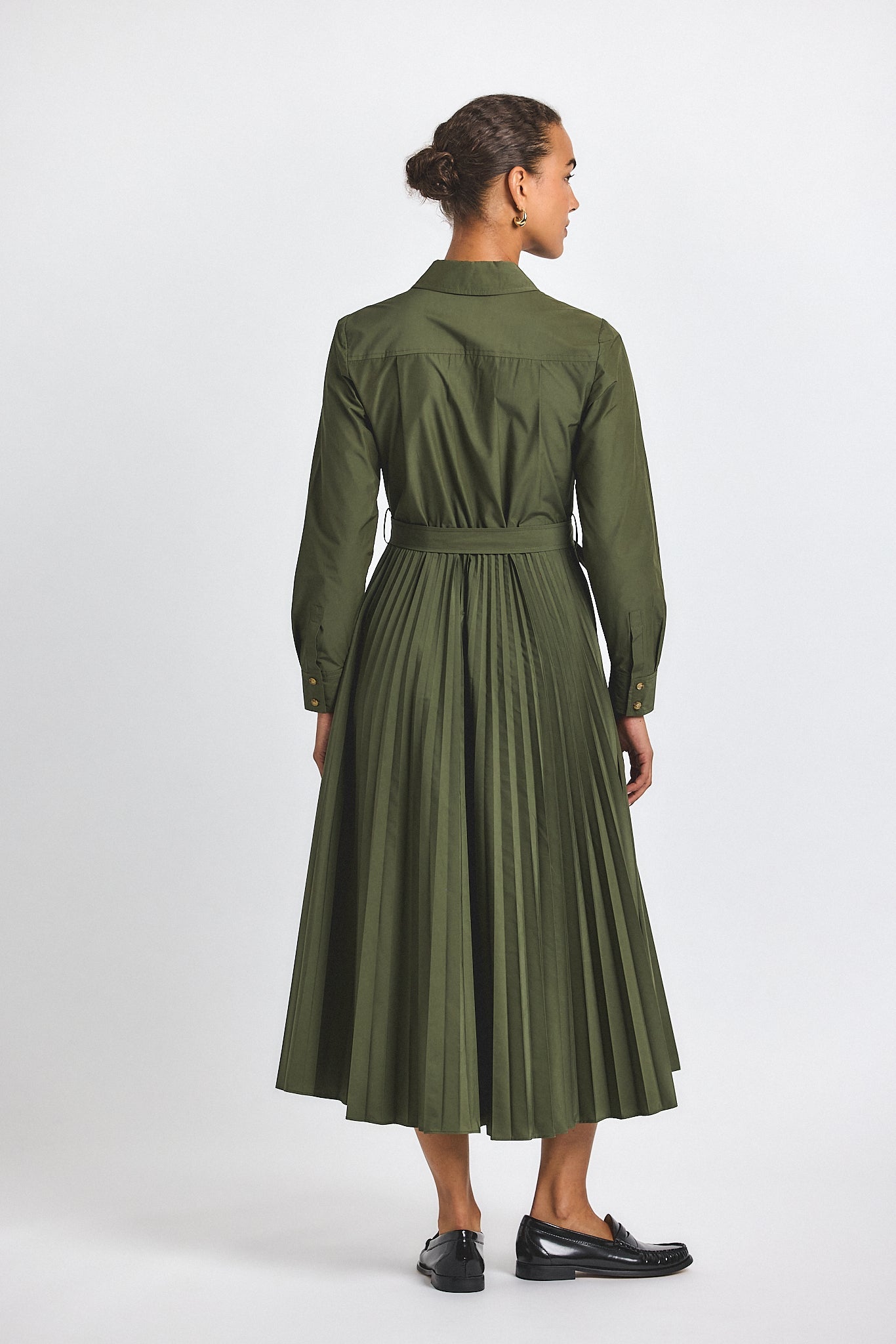 Kenza Cotton Poly Poplin Pleated Shirt Dress - Fatigue