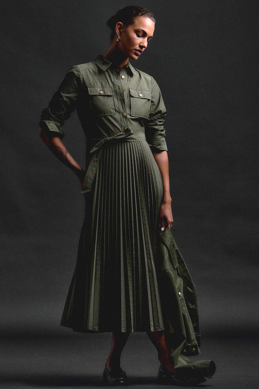 Kenza Cotton Poly Poplin Pleated Shirt Dress - Fatigue