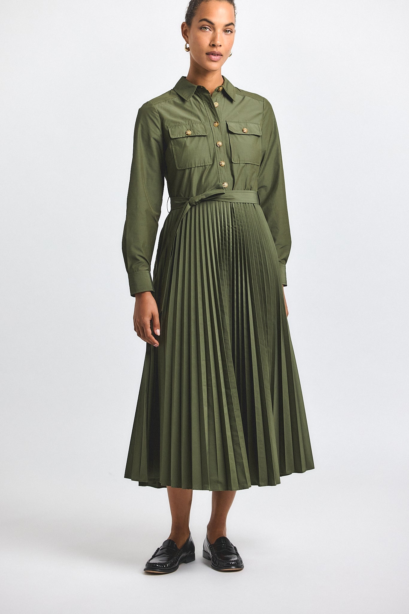 Kenza Cotton Poly Poplin Pleated Shirt Dress - Fatigue