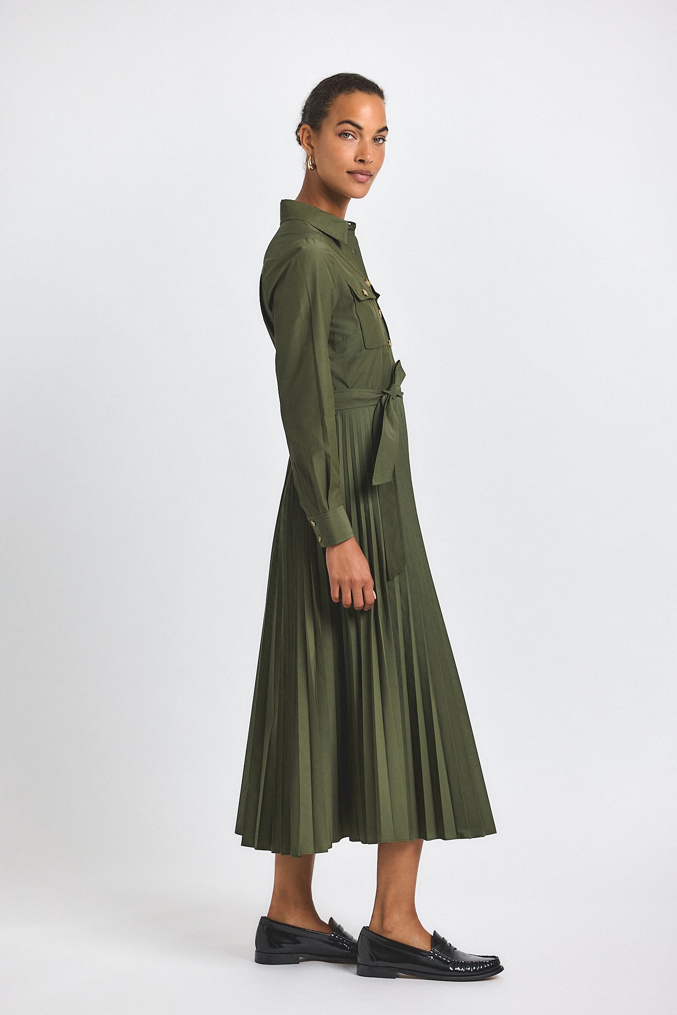 Kenza Cotton Poly Poplin Pleated Shirt Dress - Fatigue