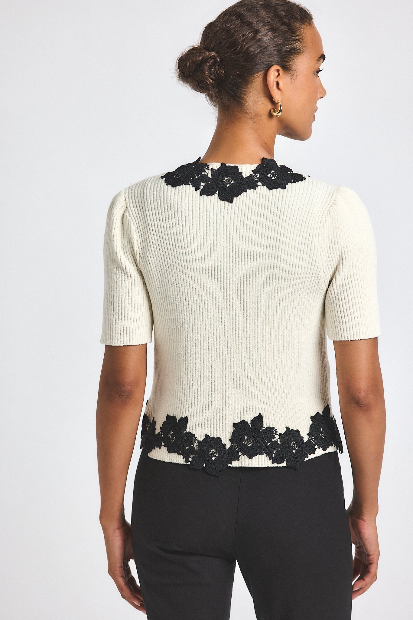 Maes Short Sleeve Cardigan With Lace Trim - Blanc de Blanc-Black