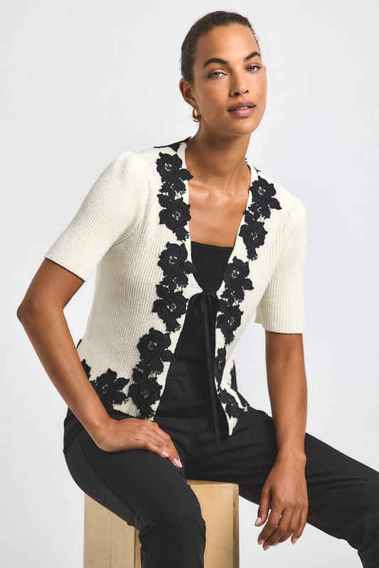 Maes Short Sleeve Cardigan With Lace Trim - Blanc de Blanc-Black