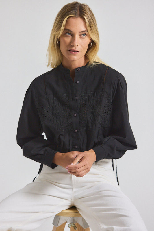 Malory Garden Tile Eyelet Blouse - Black