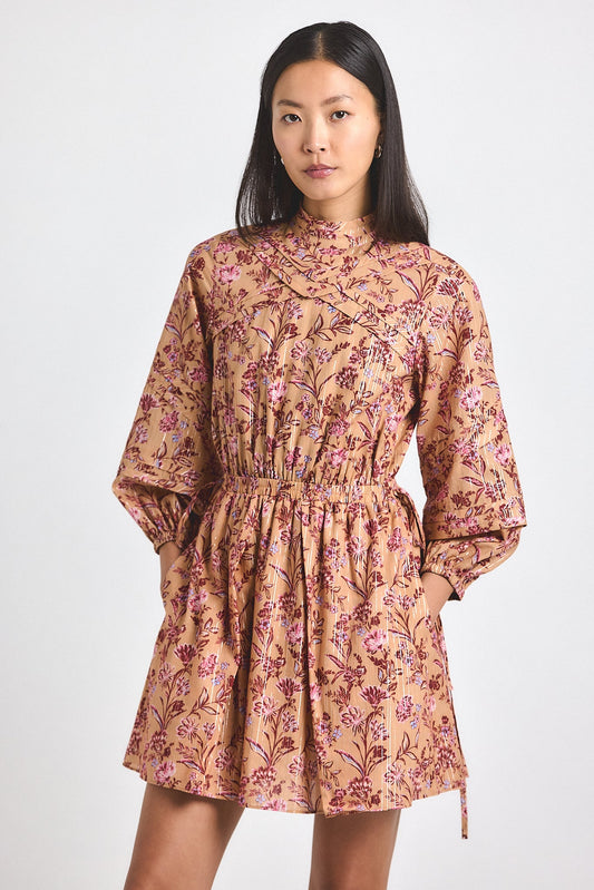 Marisol Lurex Stripe Printed Voile Mini Dress - Camel Multi