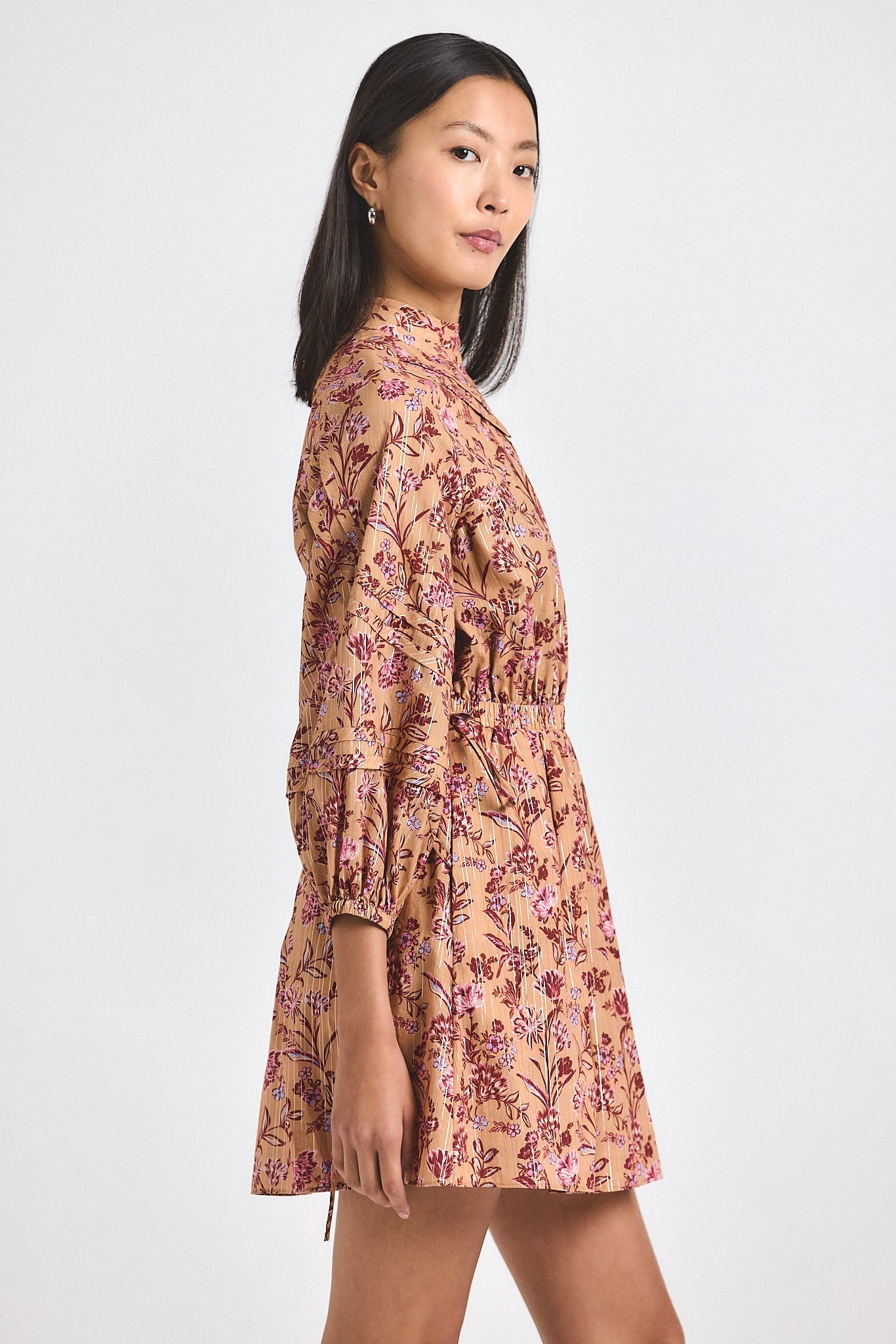 Marisol Lurex Stripe Printed Voile Mini Dress - Camel Multi