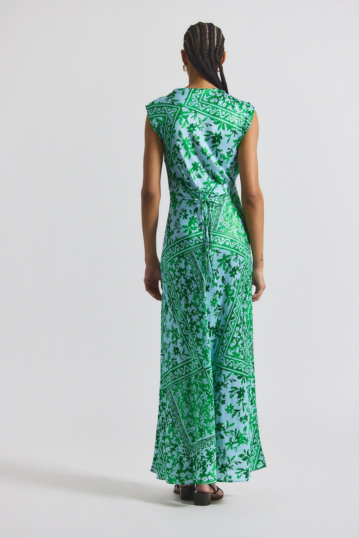 Maritza Watercolor Tile Print Asymmetric Dress with Embellishment - Kelly Green Multi