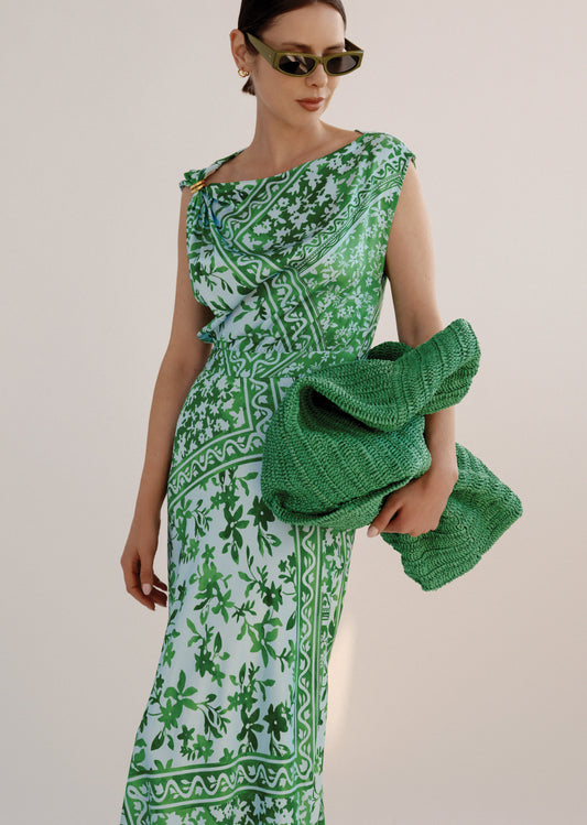 Maritza Watercolor Tile Print Asymmetric Dress with Embellishment - Kelly Green Multi
