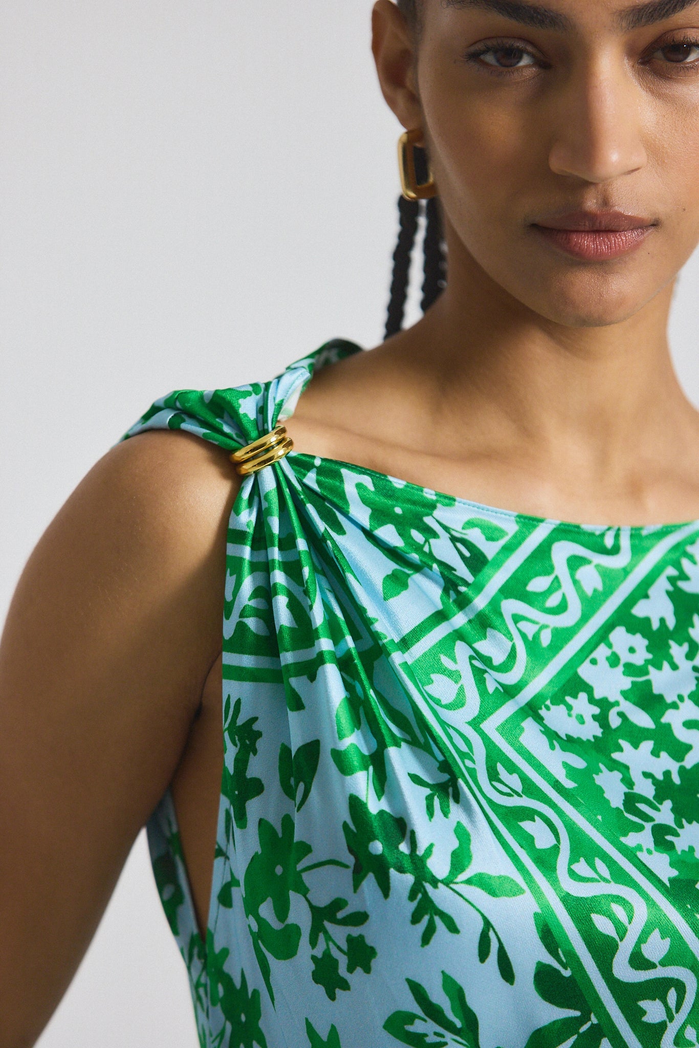 Maritza Watercolor Tile Print Asymmetric Dress with Embellishment - Kelly Green Multi