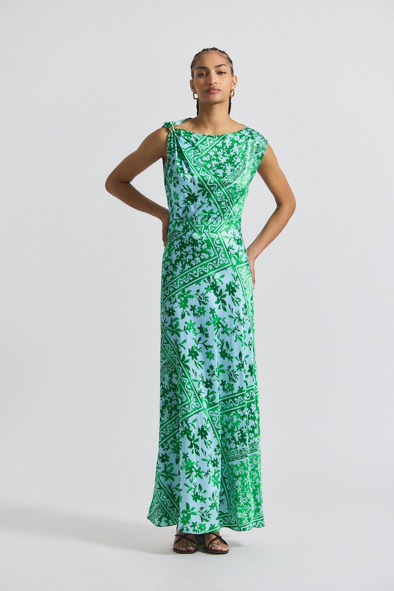 Maritza Watercolor Tile Print Asymmetric Dress with Embellishment - Kelly Green Multi