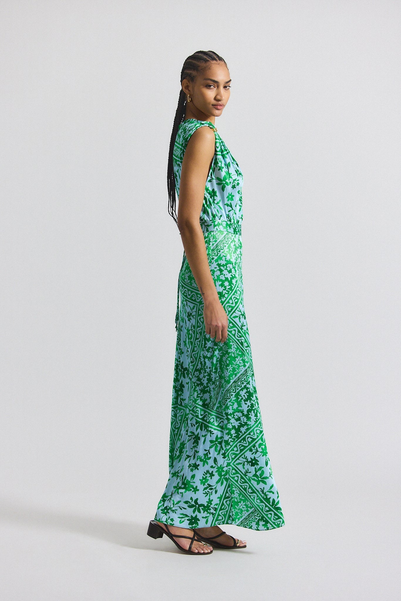Maritza Watercolor Tile Print Asymmetric Dress with Embellishment - Kelly Green Multi