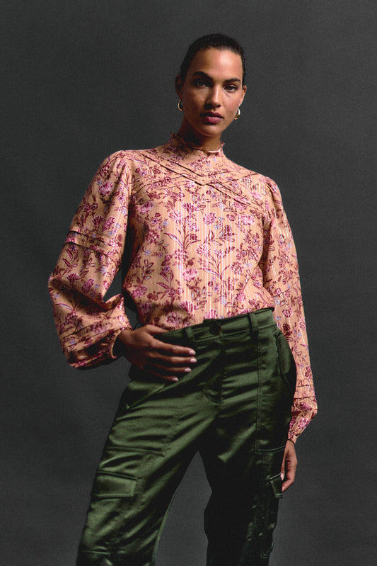 Marlowe Lurex Stripe Printed Voile Long Sleeve Blouse - Camel Multi