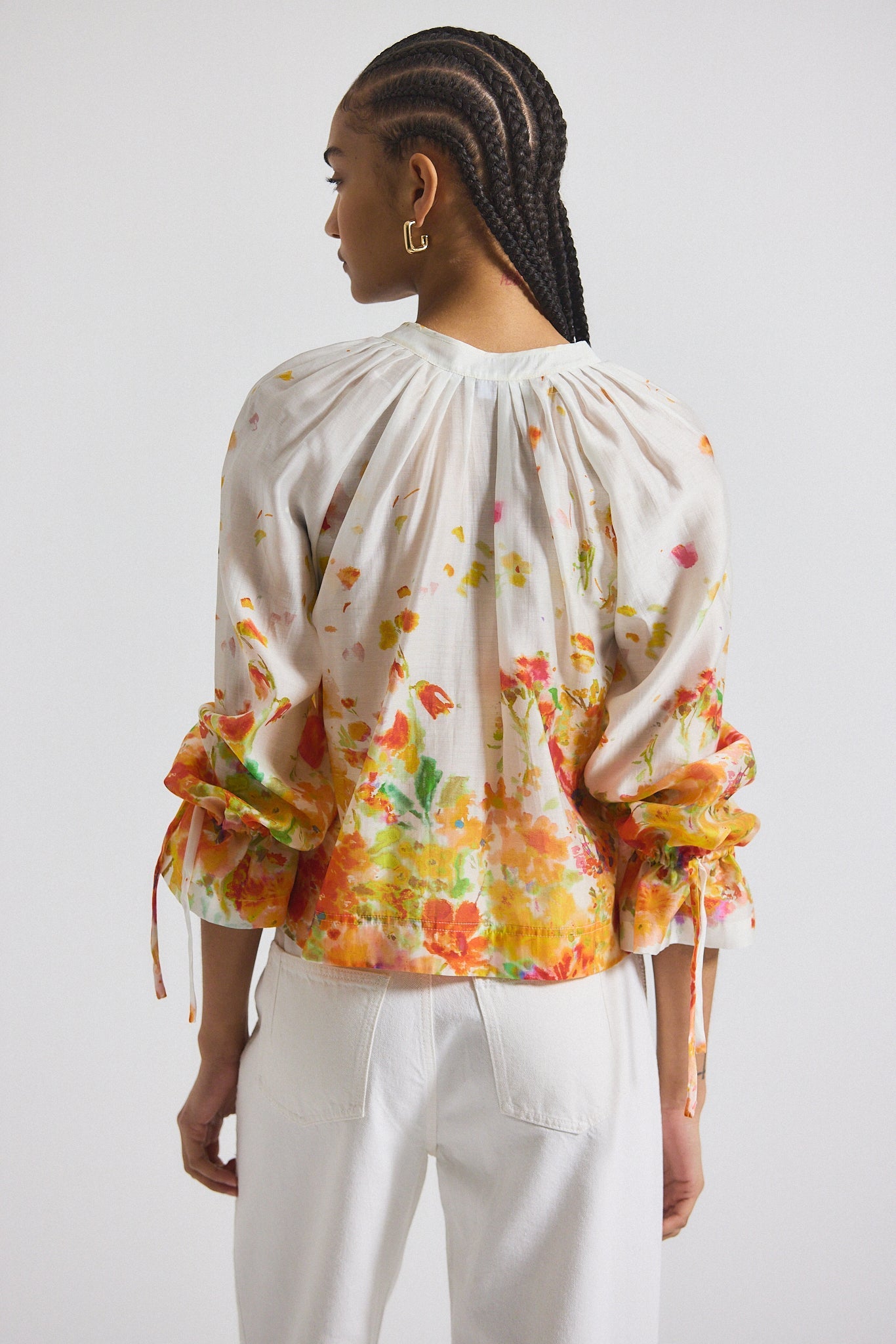 Milon Organza V-Neck Blouse - White-Papaya Multi