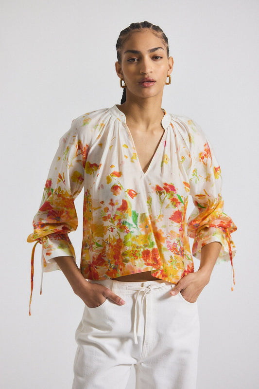 Milon Organza V-Neck Blouse - White-Papaya Multi
