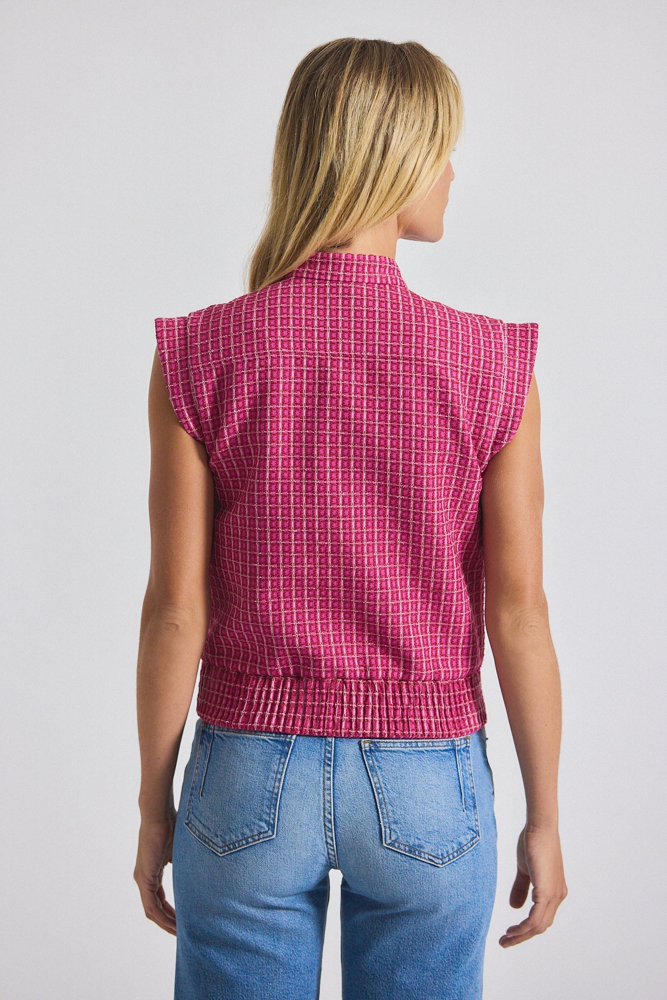 Namira Cotton Tweed Sleeveless Jacket - Raspberry-White