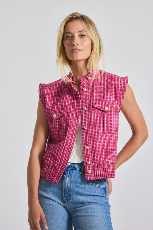 Namira Cotton Tweed Sleeveless Jacket - Raspberry-White