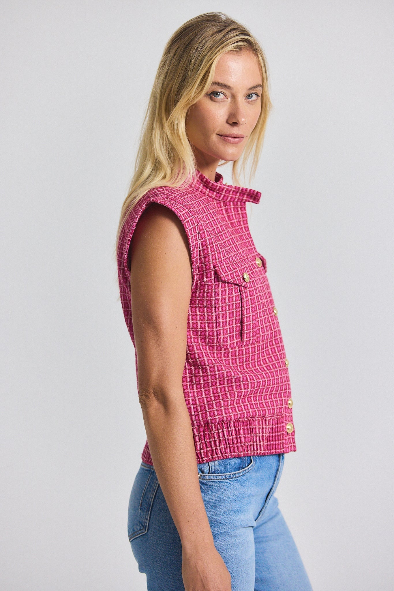Namira Cotton Tweed Sleeveless Jacket - Raspberry-White