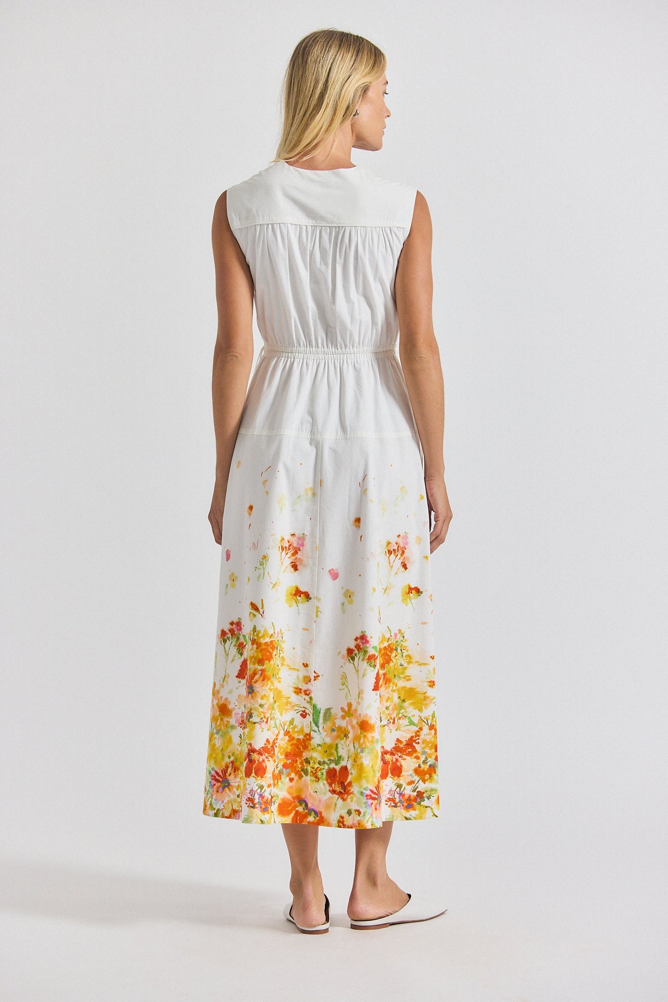 Nara Border Print Cotton Poplin Cinch Waist Maxi Dress - White-Papaya Multi