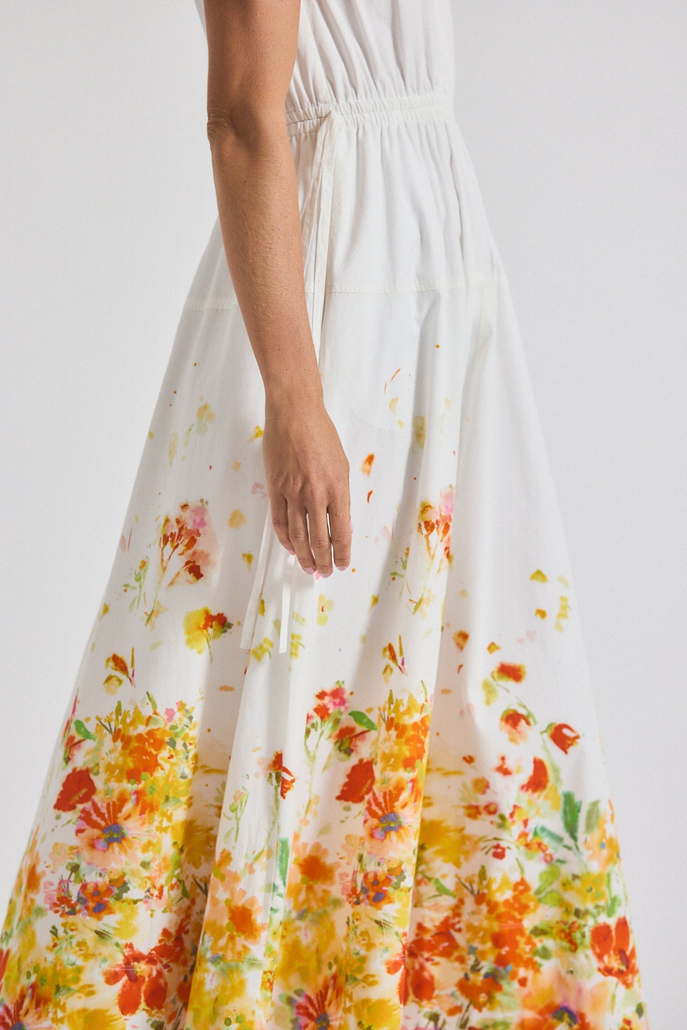 Nara Border Print Cotton Poplin Cinch Waist Maxi Dress - White-Papaya Multi