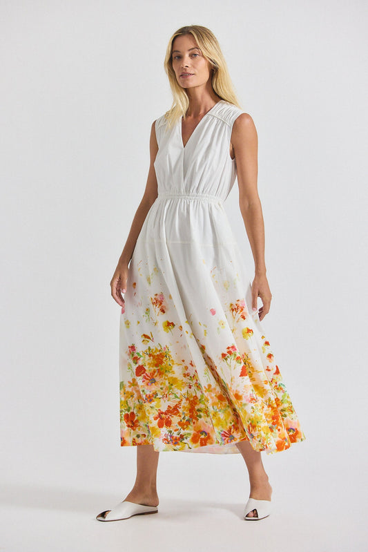 Nara Border Print Cotton Poplin Cinch Waist Maxi Dress - White-Papaya Multi
