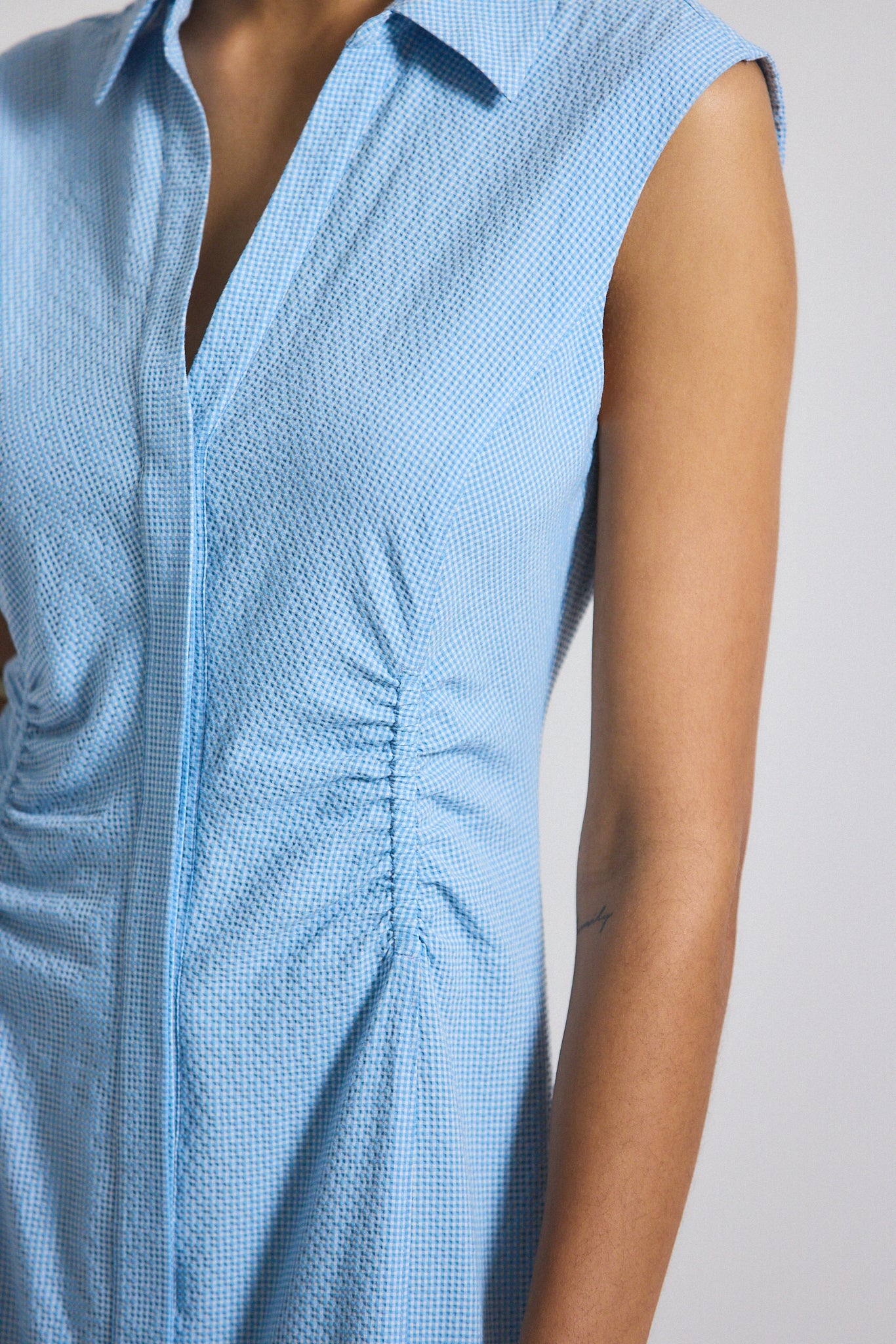 Nera Ruched Button Down Dress - Dusk Blue-White