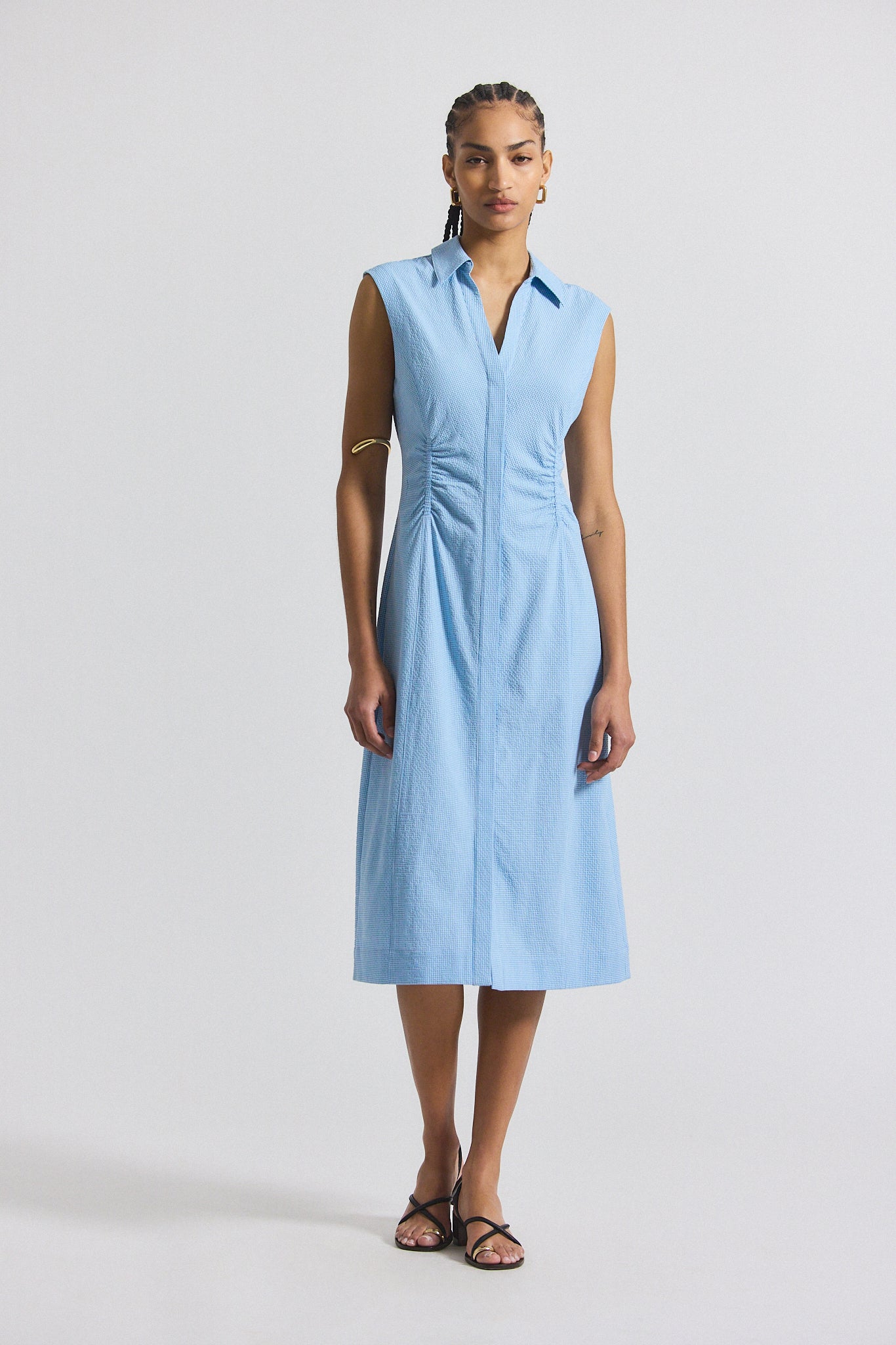 Nera Ruched Button Down Dress - Dusk Blue-White