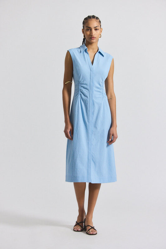 Nera Ruched Button Down Dress - Dusk Blue-White