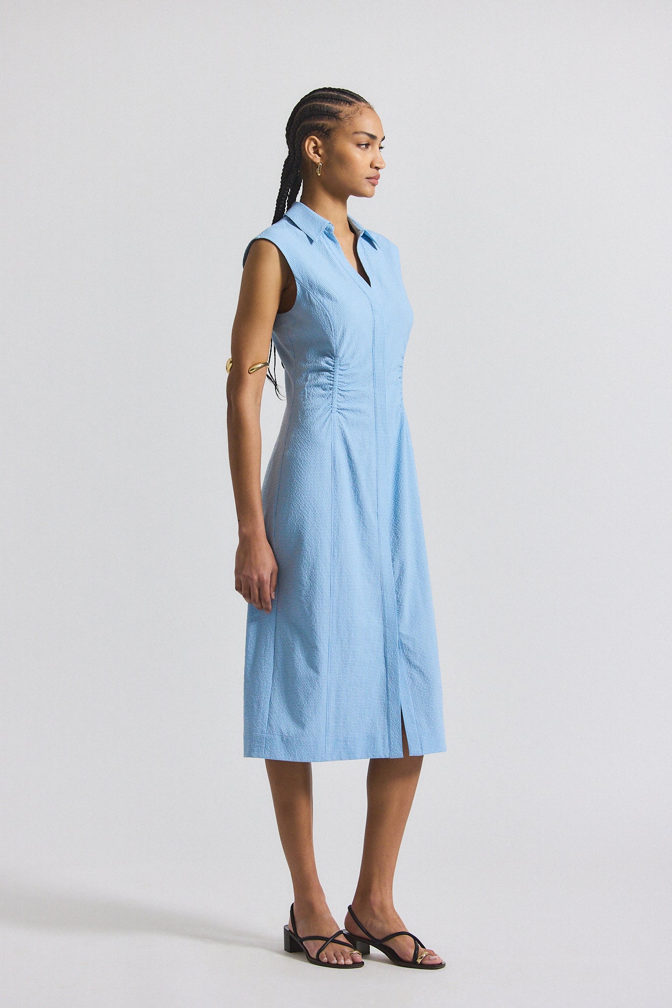 Nera Ruched Button Down Dress - Dusk Blue-White