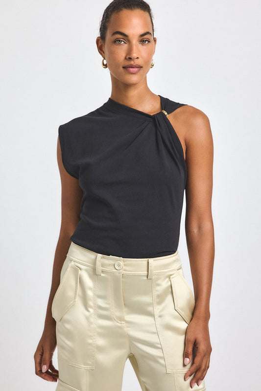 Nia Assymmetric Embellished Twist Tee - Black