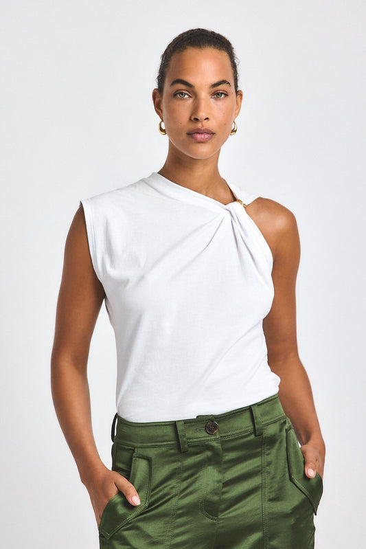 Nia Assymmetric Embellished Twist Tee - White
