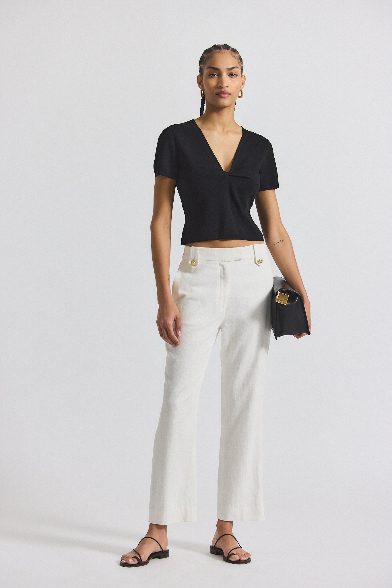 Nika Drapey Linen Pant With Gold Crest Buttons - Blanc de Blanc