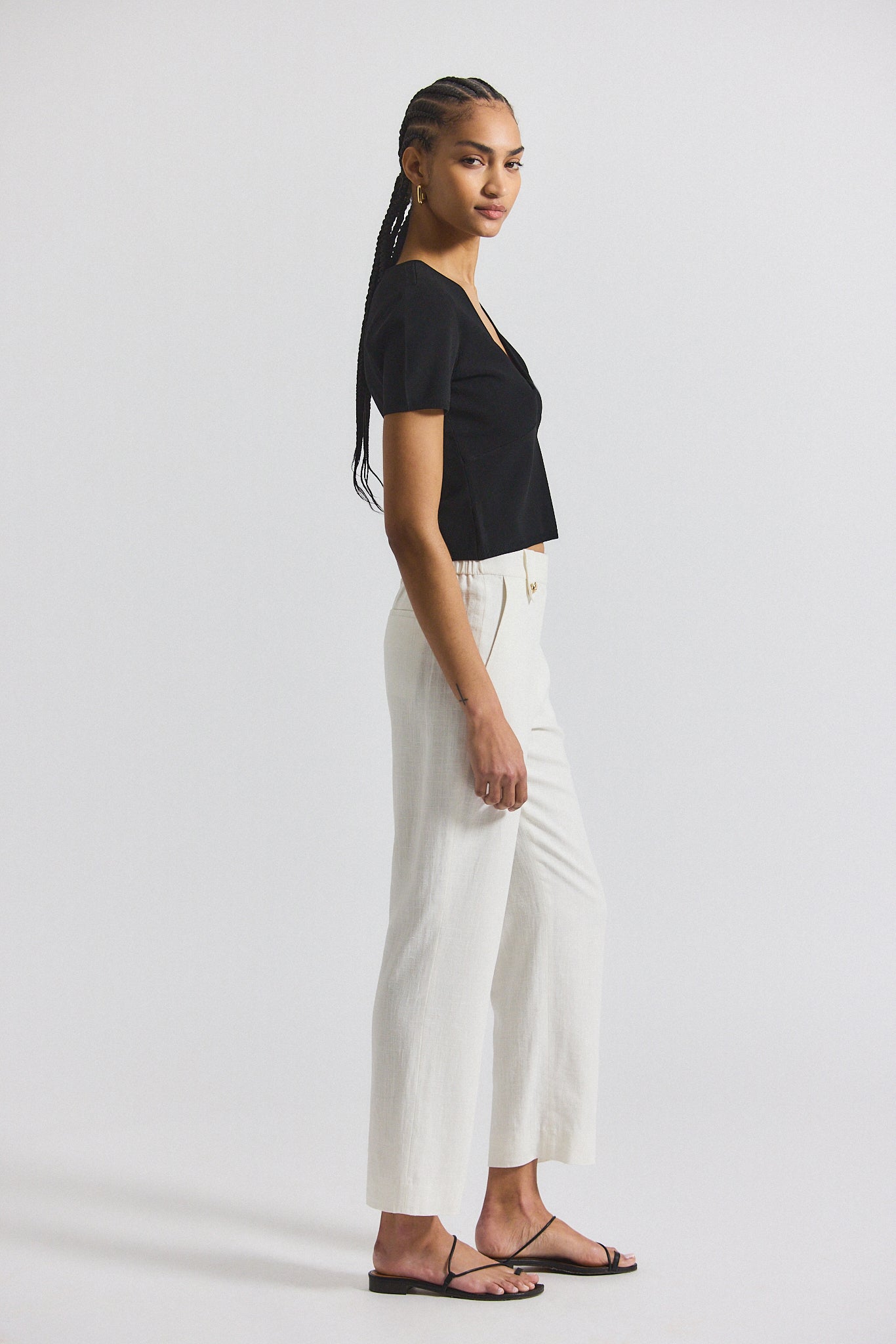 Nika Drapey Linen Pant With Gold Crest Buttons - Blanc de Blanc