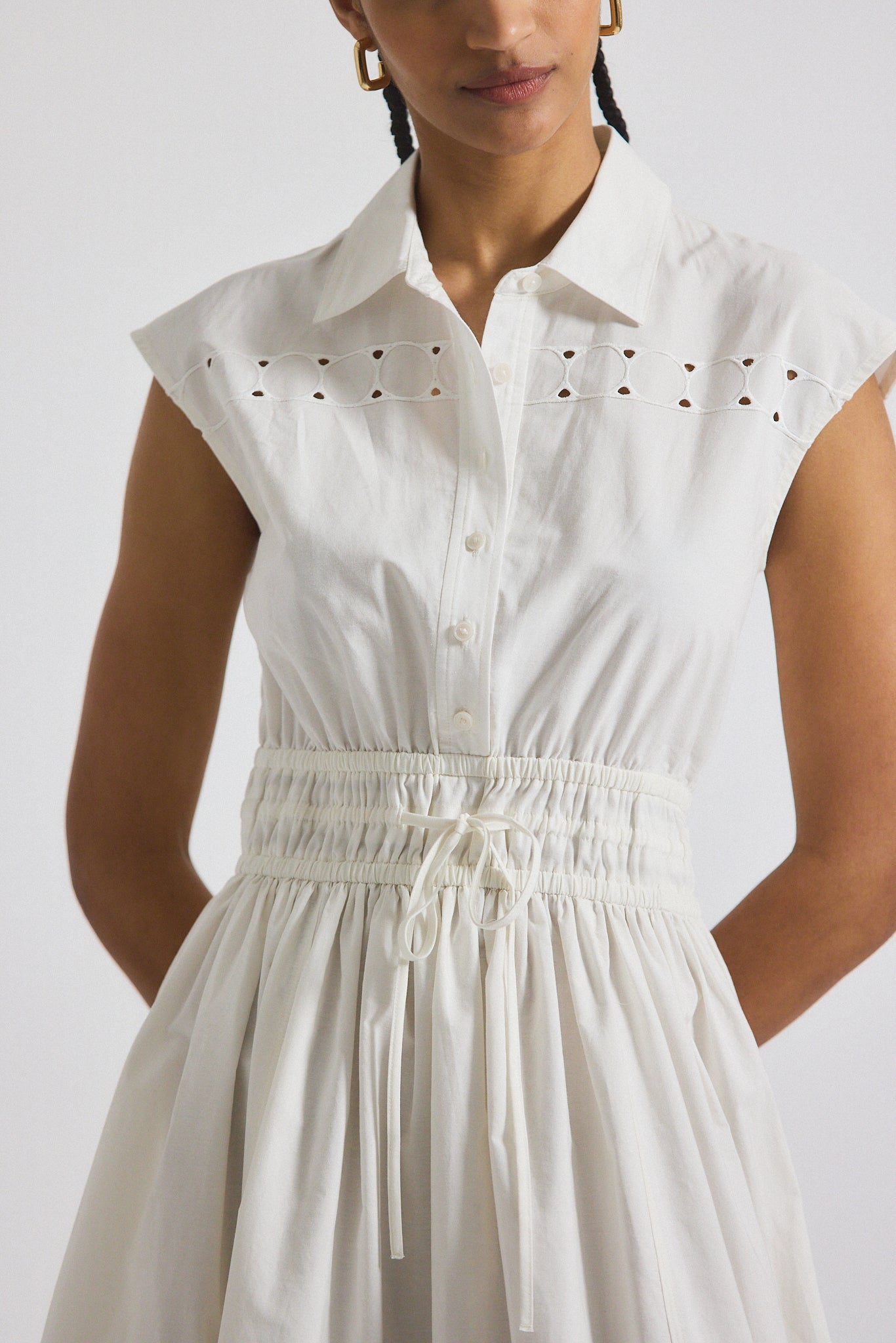 Nikita Poplin Embroidered Eyelet Cinch Waist Shirtdress - White