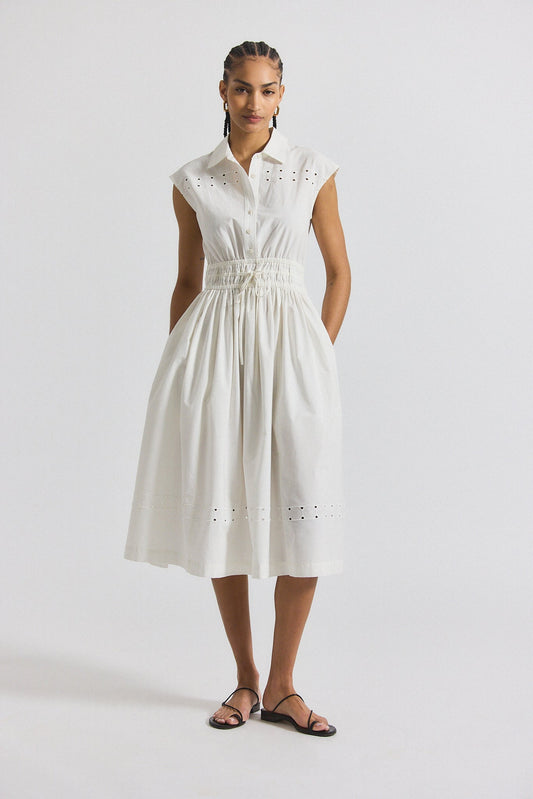Nikita Poplin Embroidered Eyelet Cinch Waist Shirtdress - White