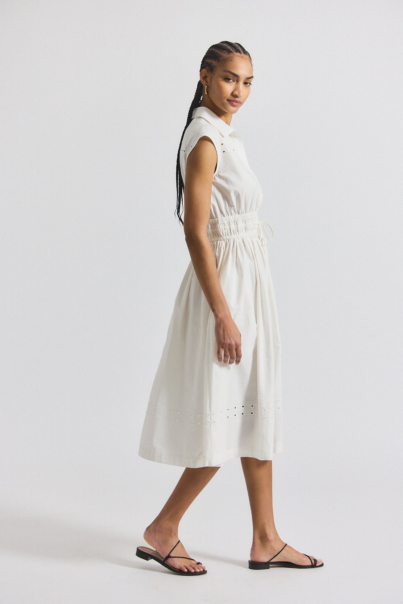 Nikita Poplin Embroidered Eyelet Cinch Waist Shirtdress - White