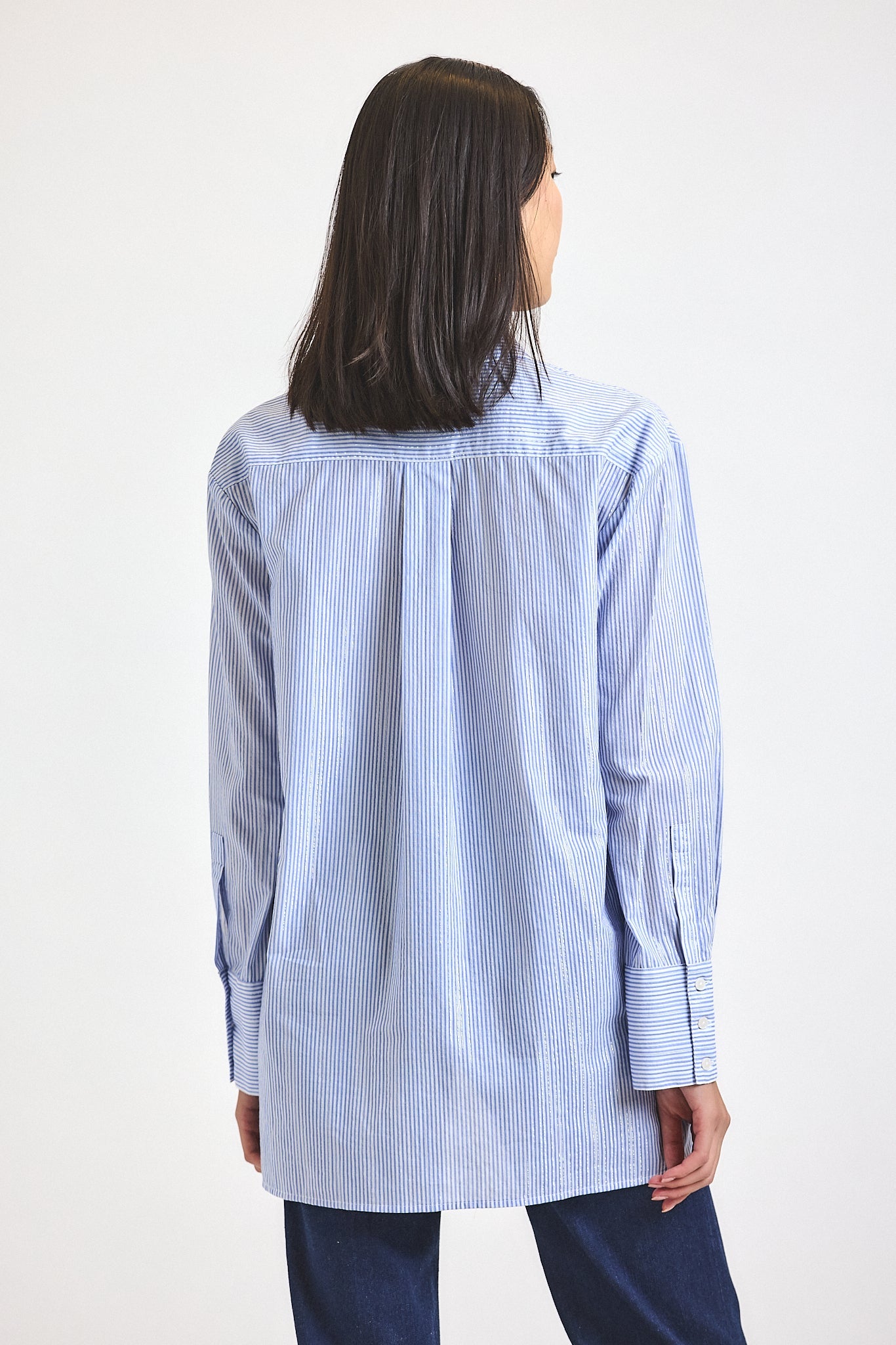 Orianne Lurex Stripe Voile Long Sleeve Button Front Shirt - Blue Multi