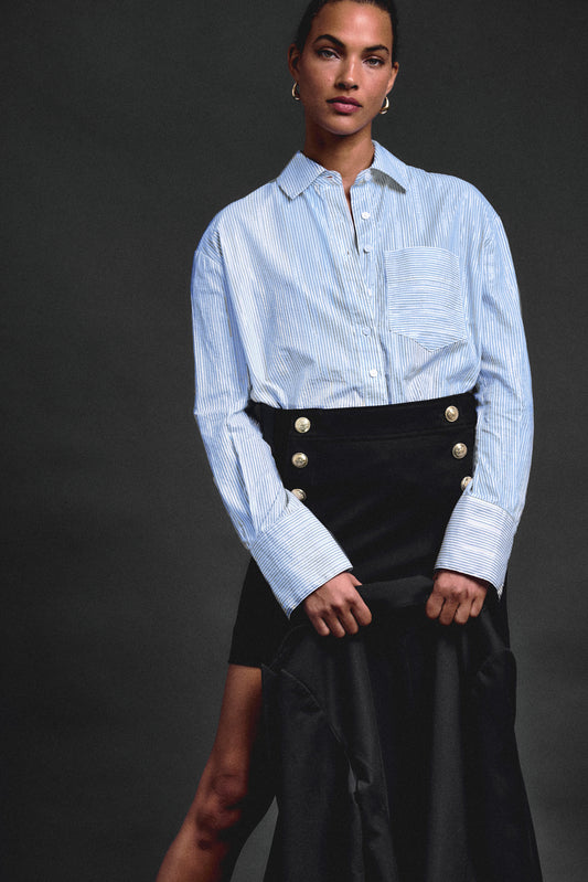 Orianne Lurex Stripe Voile Long Sleeve Button Front Shirt - Blue Multi