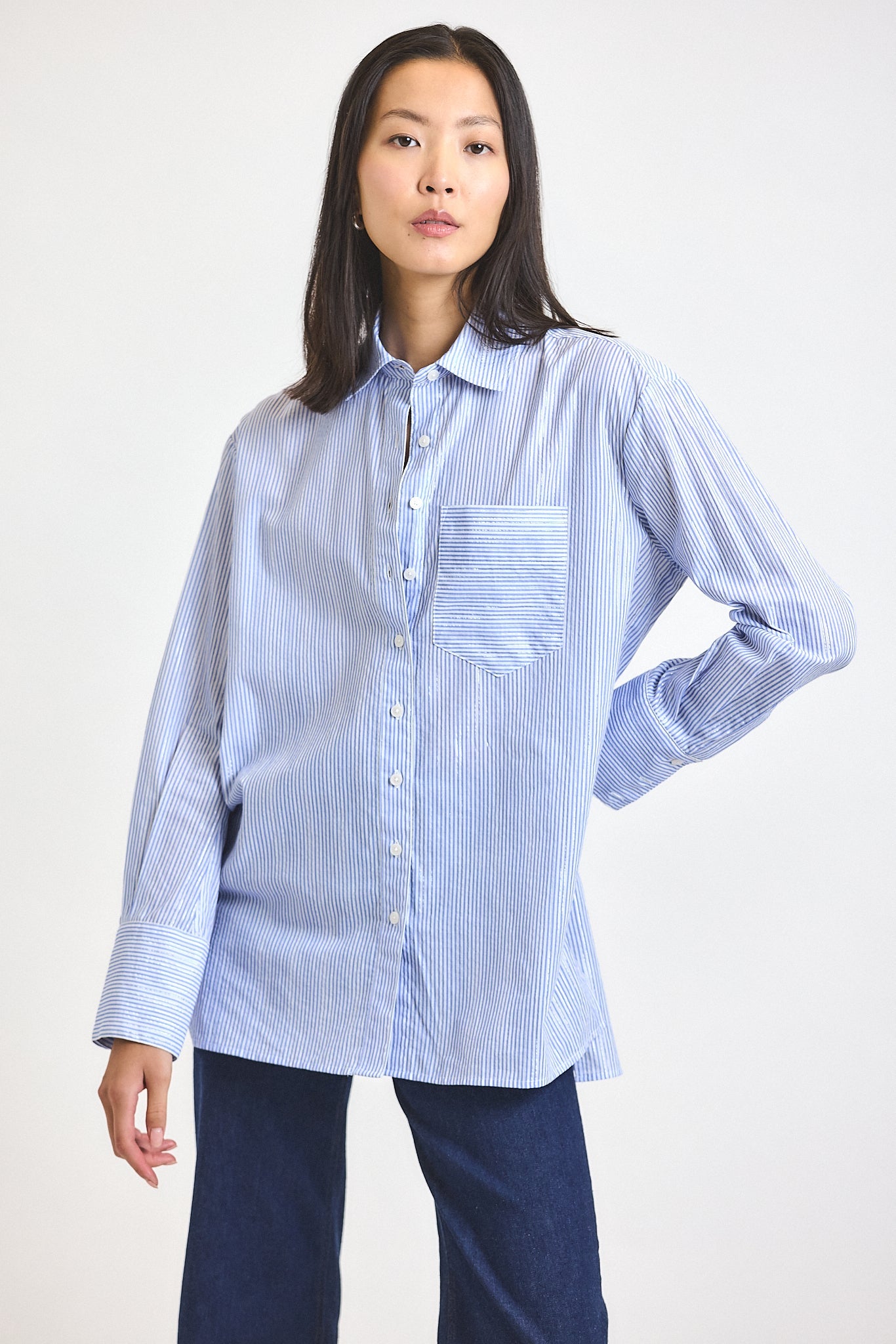 Orianne Lurex Stripe Voile Long Sleeve Button Front Shirt - Blue Multi