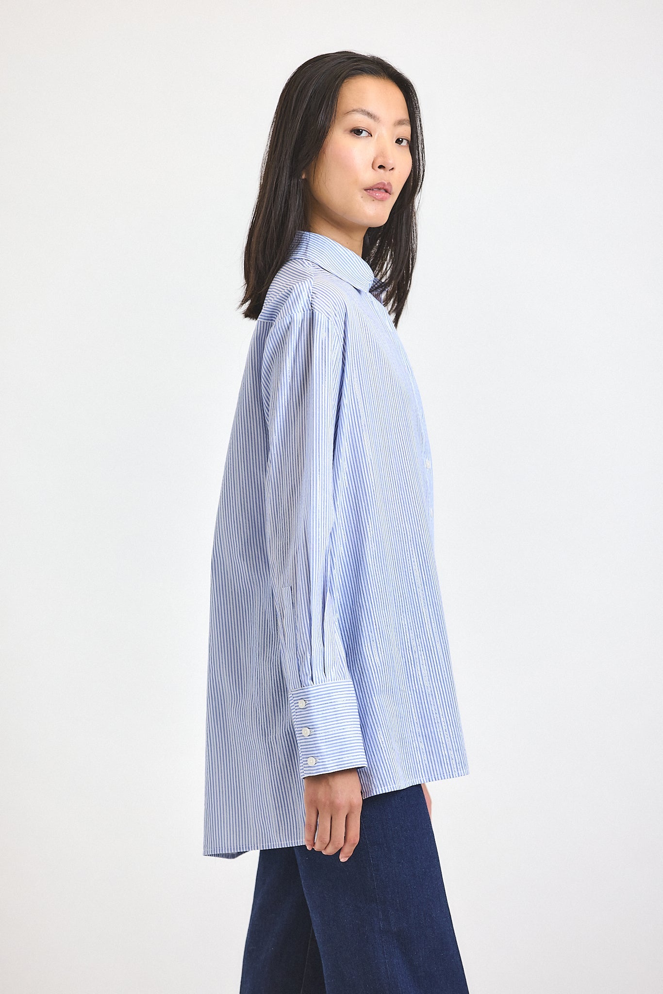 Orianne Lurex Stripe Voile Long Sleeve Button Front Shirt - Blue Multi