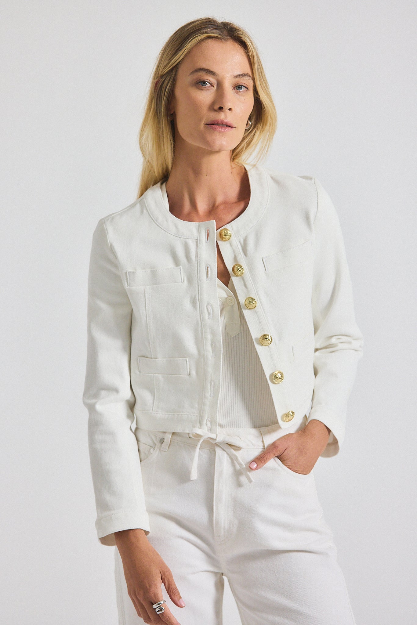 Penny Cropped Stretch Denim Jacket - Blanc de Blanc