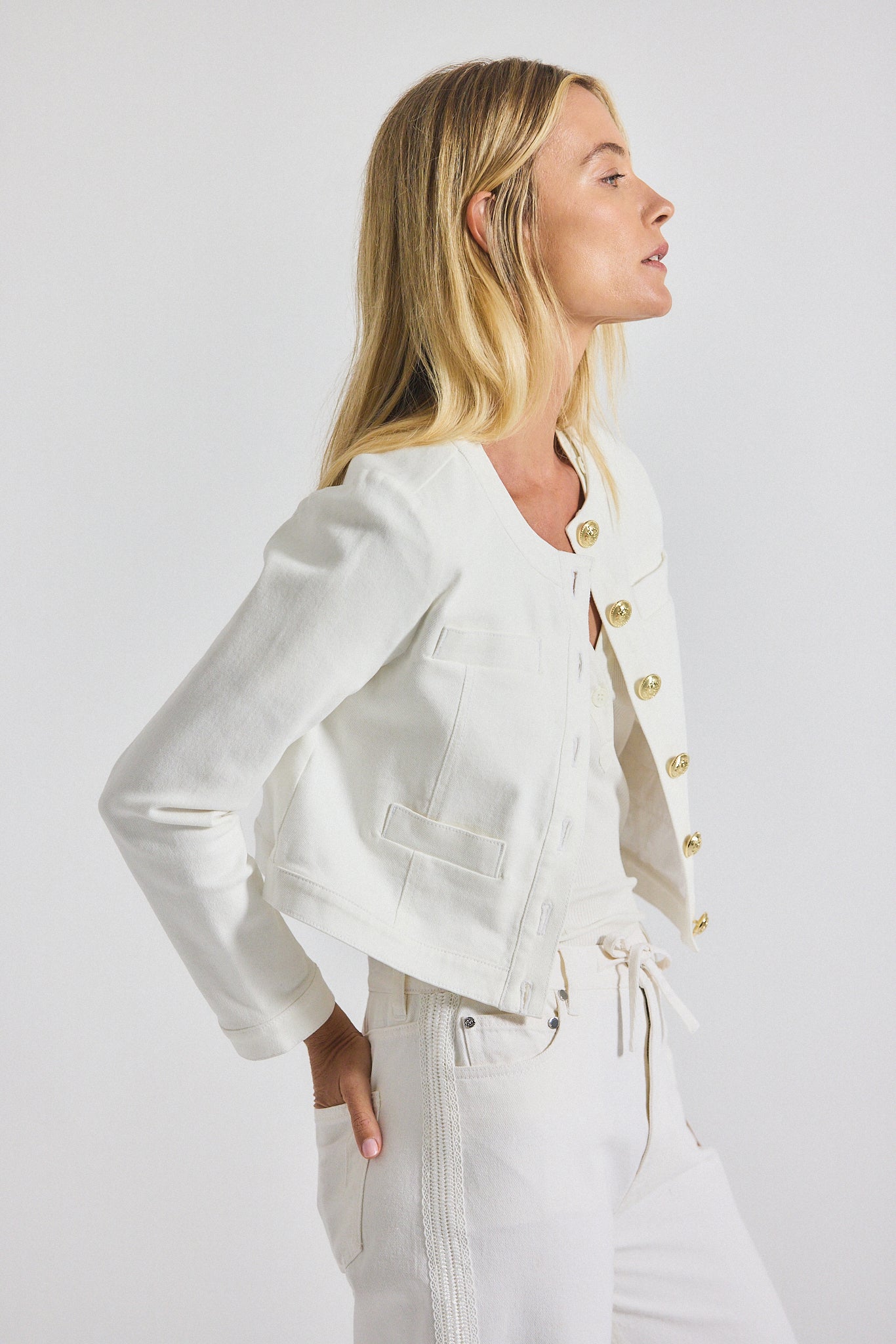 Penny Cropped Stretch Denim Jacket - Blanc de Blanc