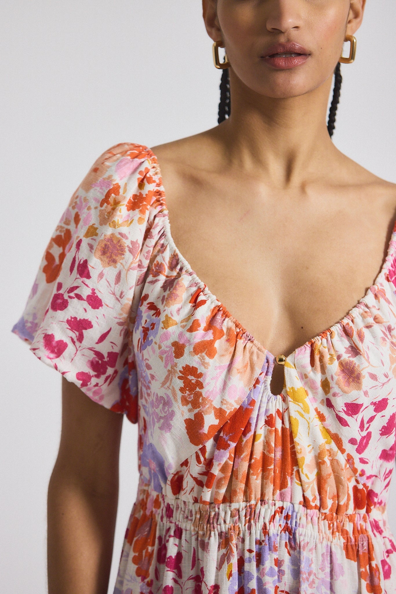 Laine Floral Printed Stretch Linen Puff Sleeve Maxi Dress - Rose Multi