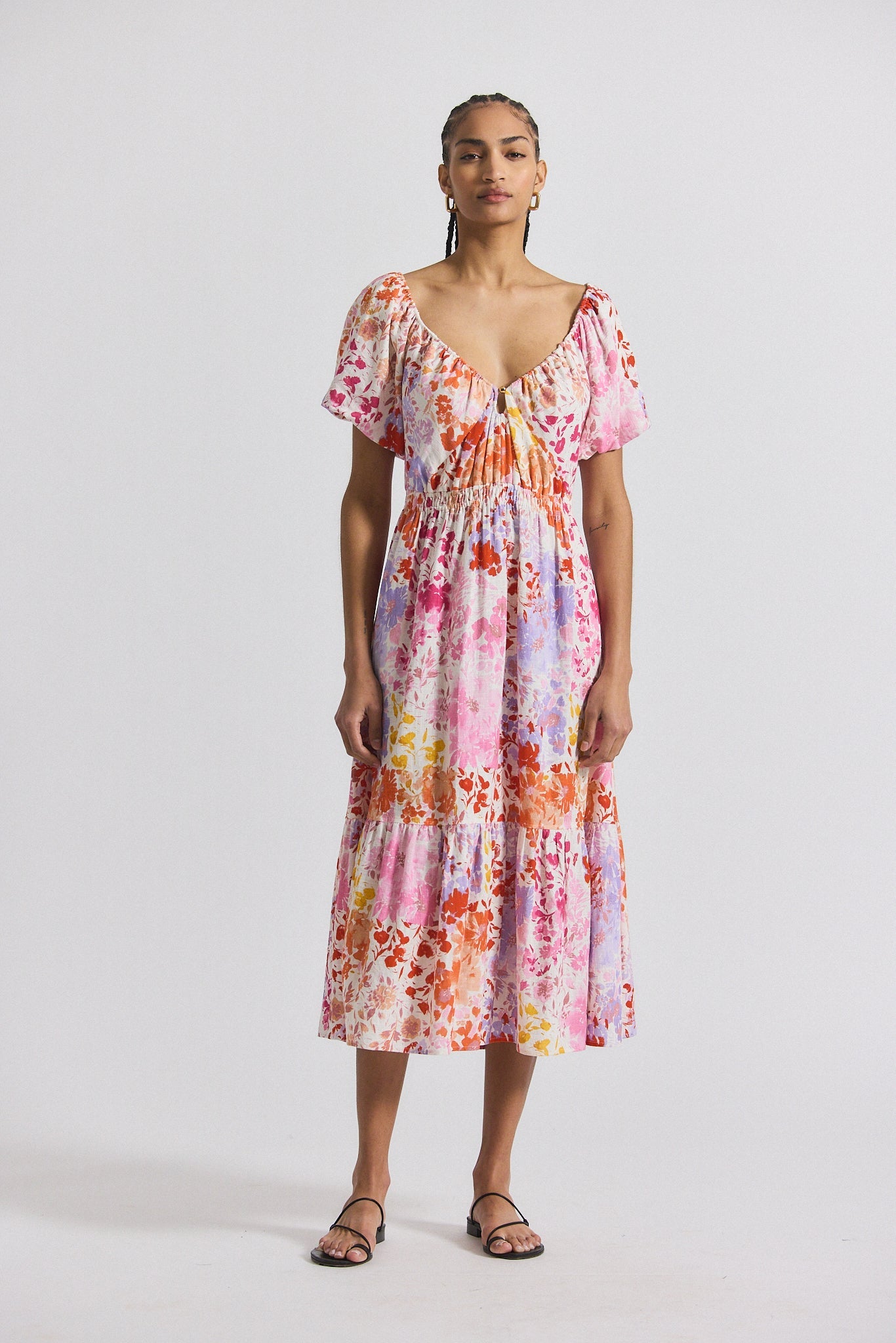 Laine Floral Printed Stretch Linen Puff Sleeve Maxi Dress - Rose Multi