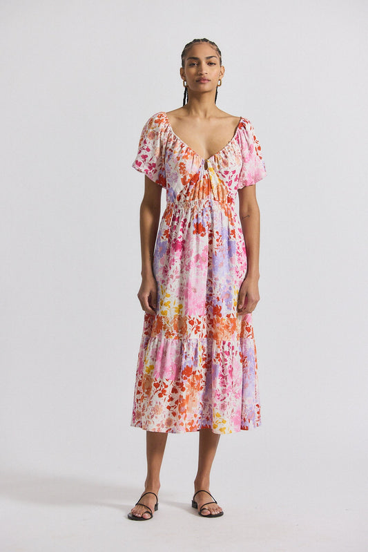 Laine Floral Printed Stretch Linen Puff Sleeve Maxi Dress - Rose Multi