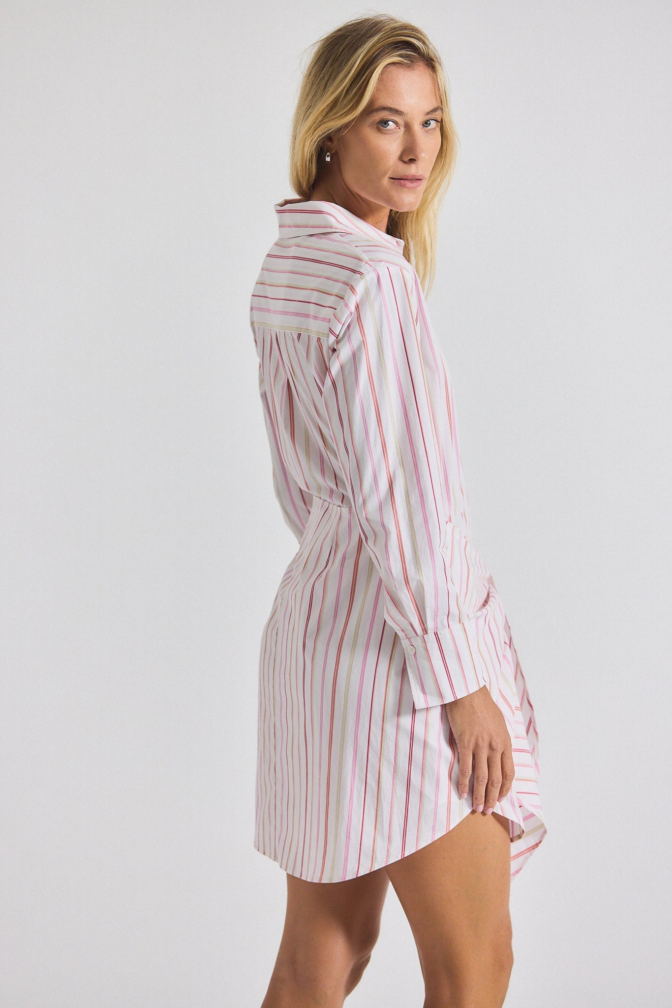 Trish Striped Shirting Waist Tie Shirt Dress - White-Pink
