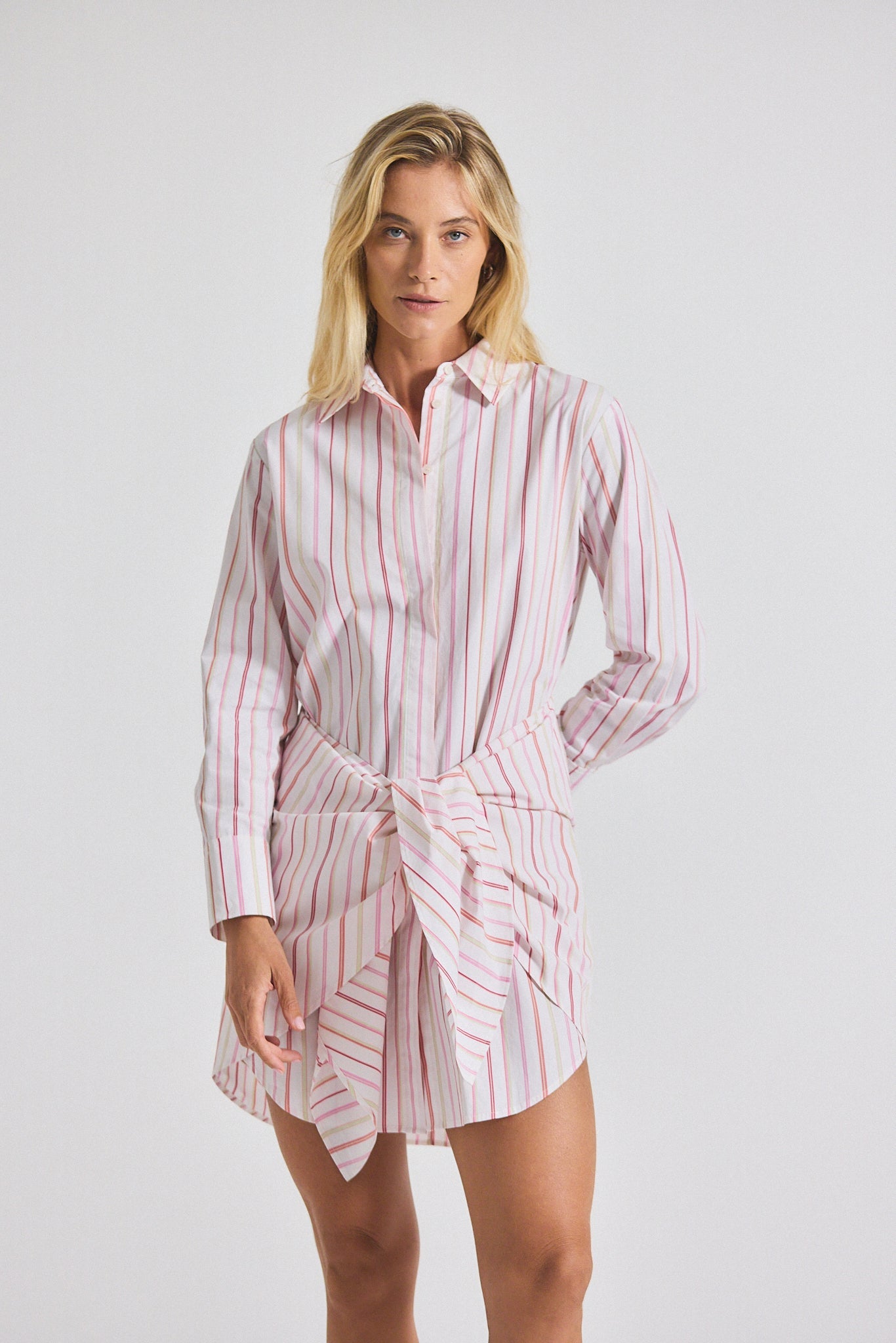 Trish Striped Shirting Waist Tie Shirt Dress - White-Pink