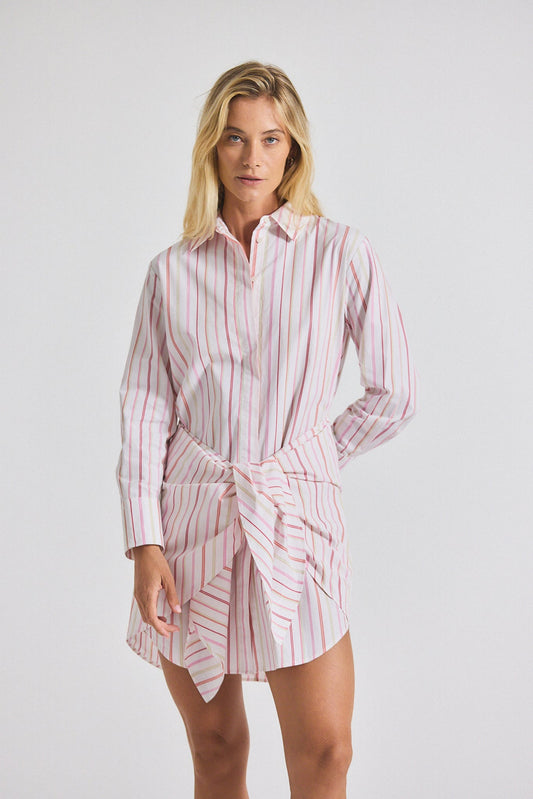 Trish Striped Shirting Waist Tie Shirt Dress - White-Pink