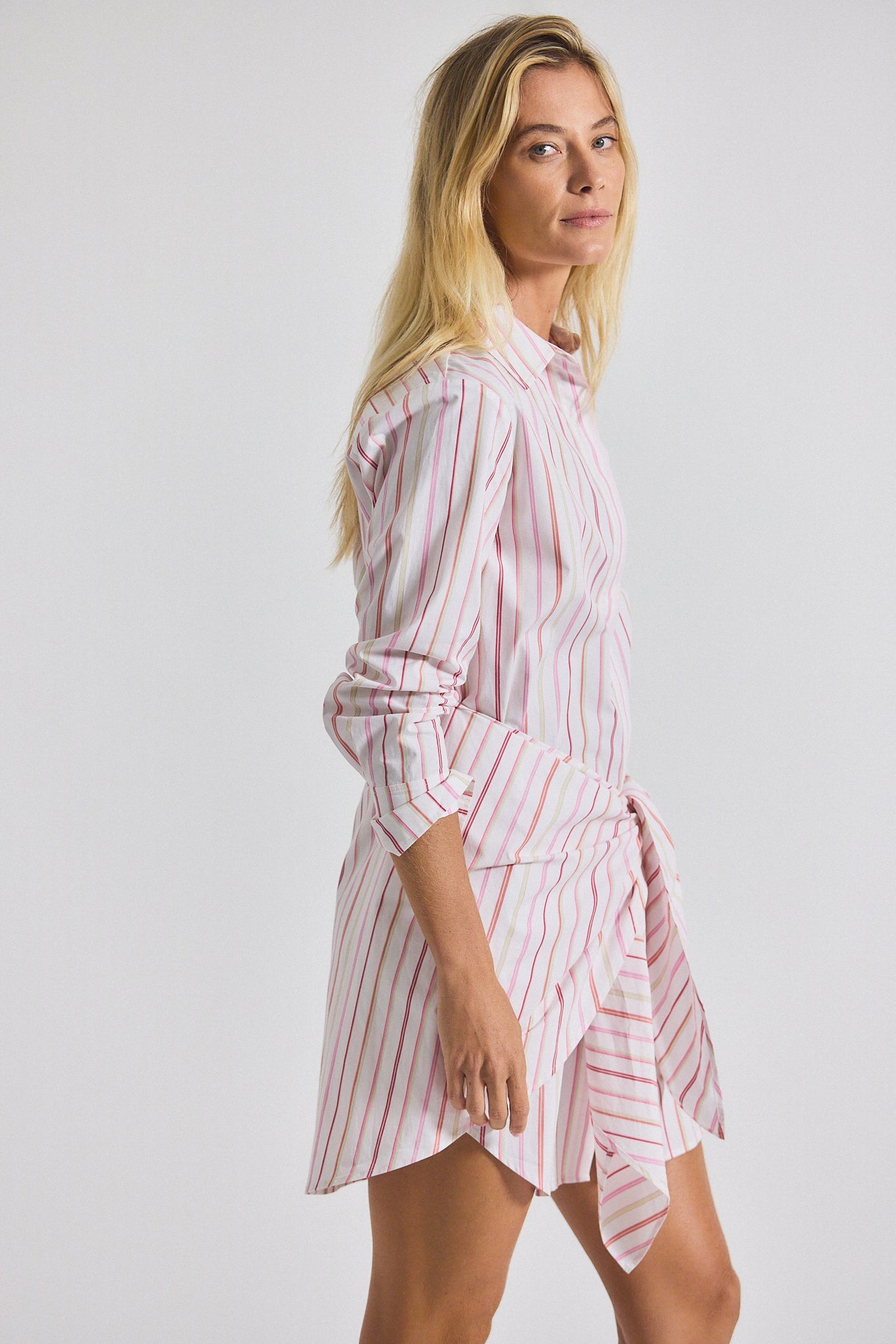 Trish Striped Shirting Waist Tie Shirt Dress - White-Pink